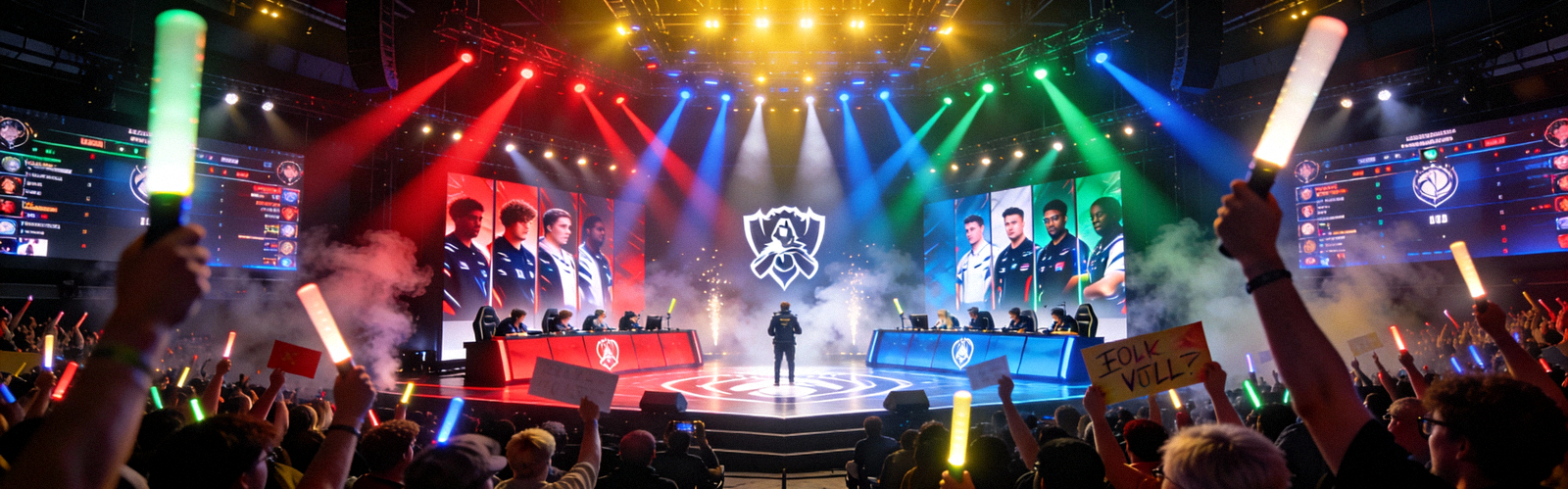 英雄联盟全球总决赛现场盛况 - 观众欢呼与舞台灯光交织